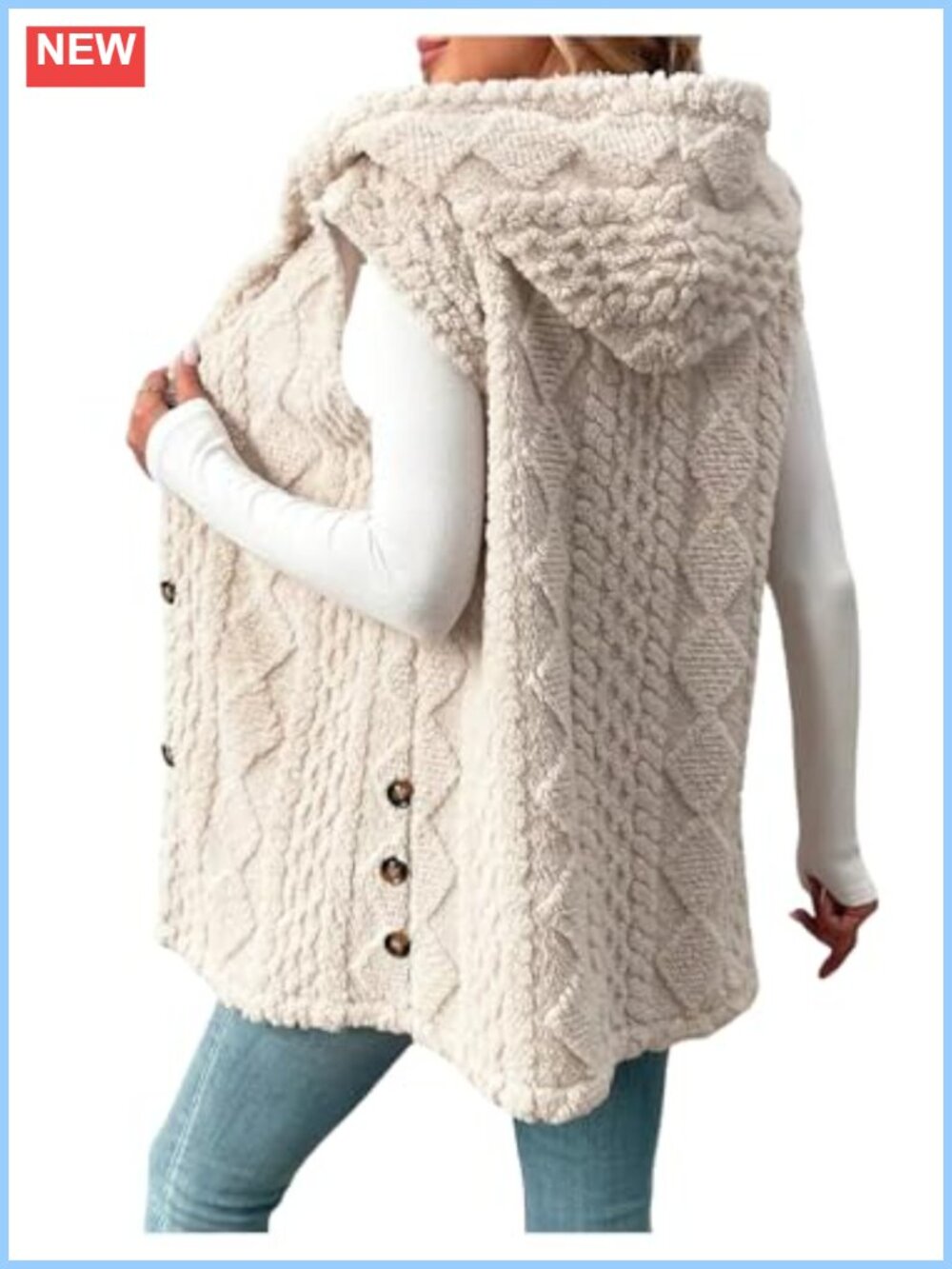 Women's Button Down Fleece Hooded Vest Sleeveless Loose Fit Coat